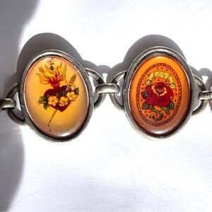 RARE Vintage Classic Hardware Tattoo Themed Oval Panel Bracelet Silvertone